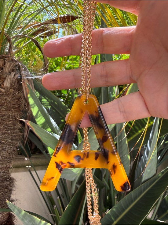 Vintage Jewelry - Tortoiseshell Acrylic Letter A Pendant Gold Plated Stainless Steel Chain